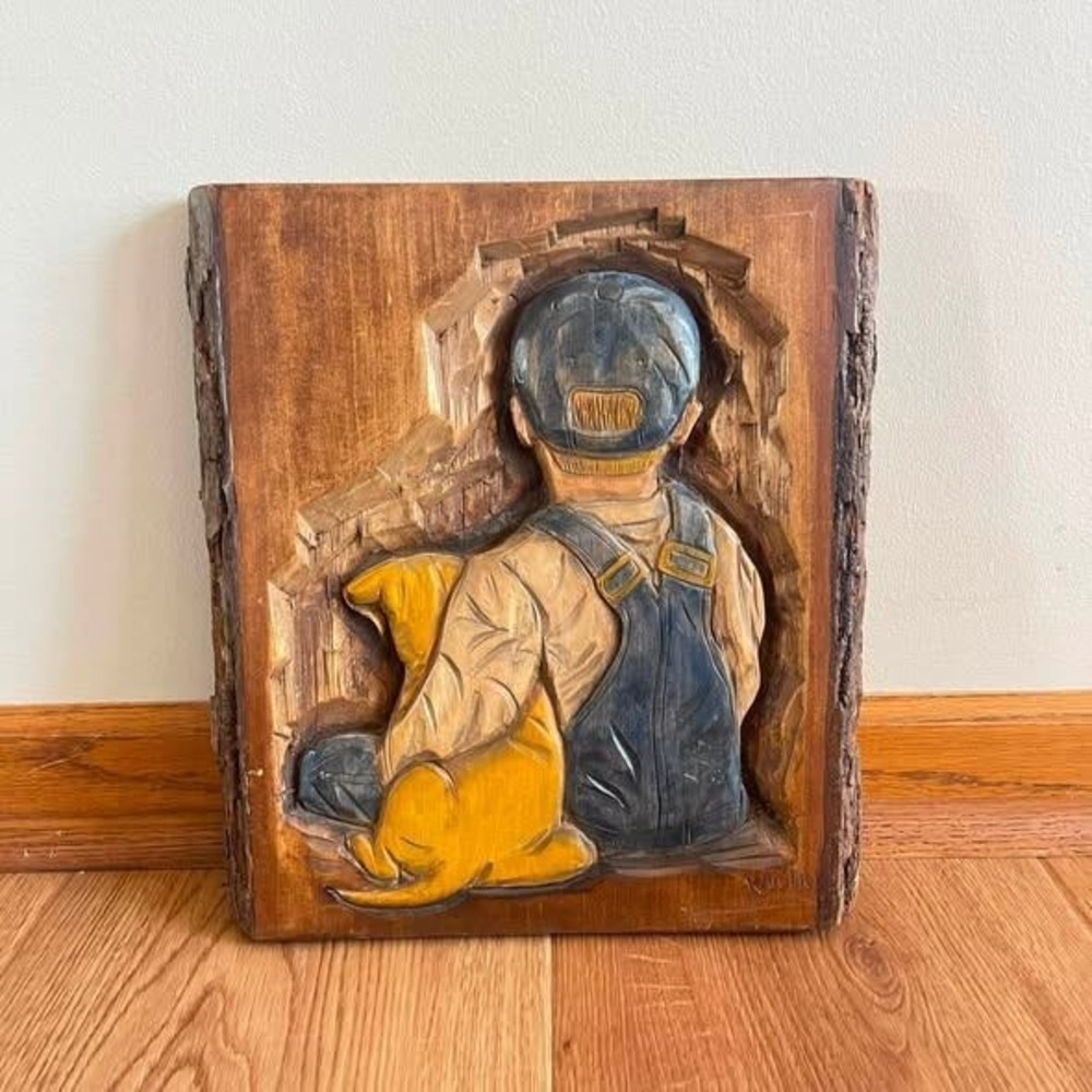 Hand Carved Wood Wall Hanging Boy w/ Dog Overalls Live Edge Lynn Kaiser